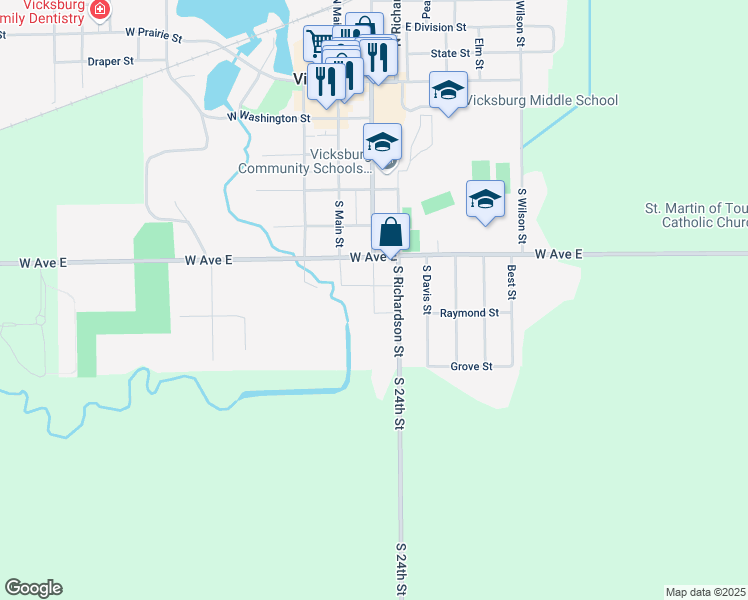 map of restaurants, bars, coffee shops, grocery stores, and more near 202 Raymond Street in Vicksburg