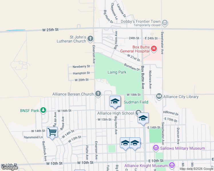 map of restaurants, bars, coffee shops, grocery stores, and more near 423 West 20th Street in Alliance
