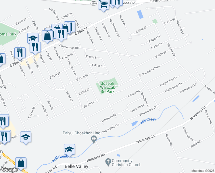 map of restaurants, bars, coffee shops, grocery stores, and more near 2186 Foxboro Court in Erie