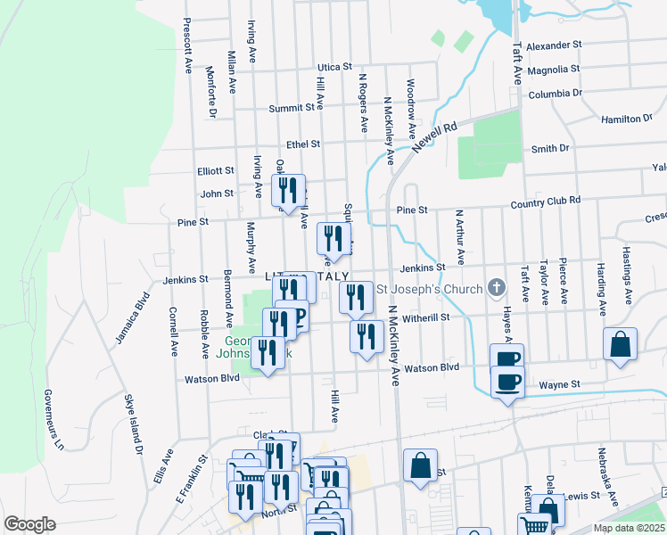 map of restaurants, bars, coffee shops, grocery stores, and more near 302 Hill Avenue in Endicott