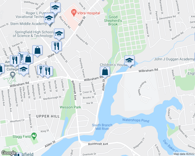 map of restaurants, bars, coffee shops, grocery stores, and more near 540 Wilbraham Road in Springfield