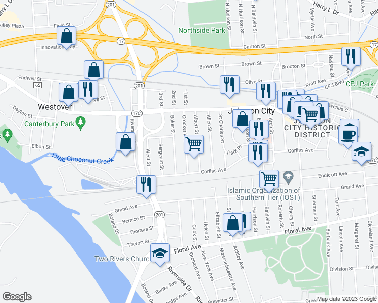 map of restaurants, bars, coffee shops, grocery stores, and more near 73 Crocker Avenue in Johnson City