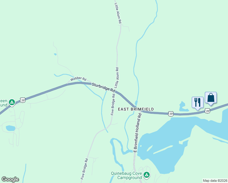 map of restaurants, bars, coffee shops, grocery stores, and more near 1 Five Bridge Road in Brimfield