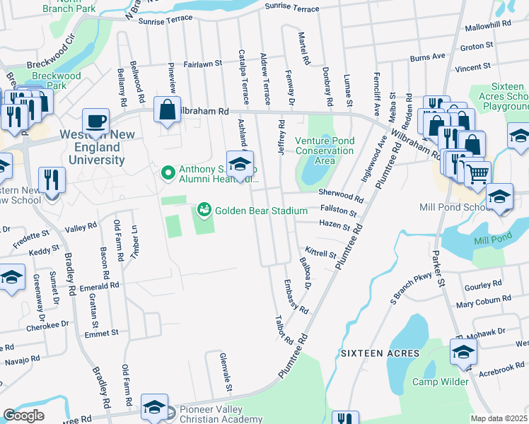 map of restaurants, bars, coffee shops, grocery stores, and more near 187 Ashland Avenue in Springfield