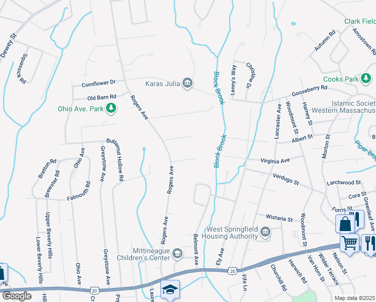 map of restaurants, bars, coffee shops, grocery stores, and more near 263 Virginia Avenue in West Springfield