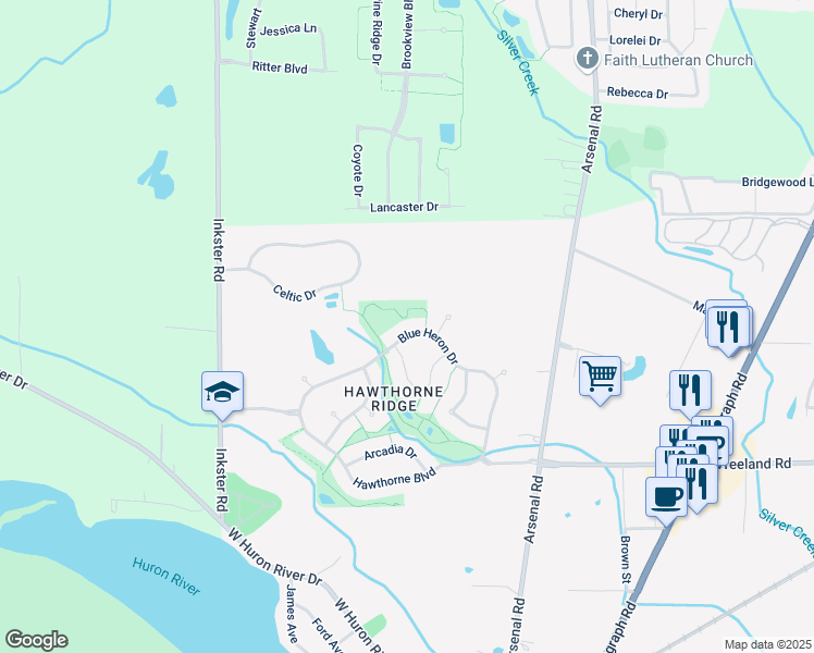map of restaurants, bars, coffee shops, grocery stores, and more near 26687 Blue Heron Drive in Flat Rock