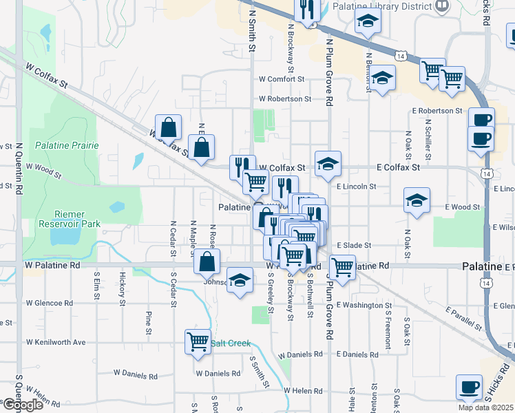 map of restaurants, bars, coffee shops, grocery stores, and more near 137 West Wood Street in Palatine