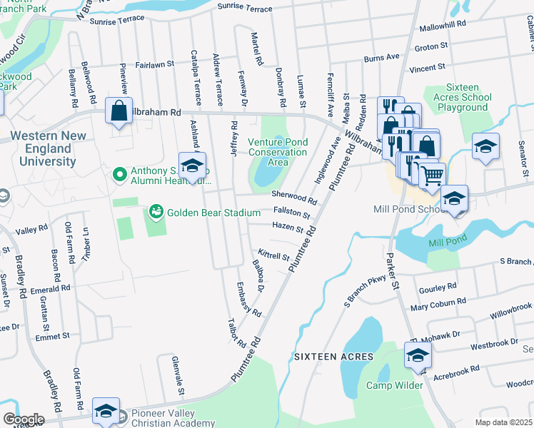 map of restaurants, bars, coffee shops, grocery stores, and more near 83 Hazen Street in Springfield
