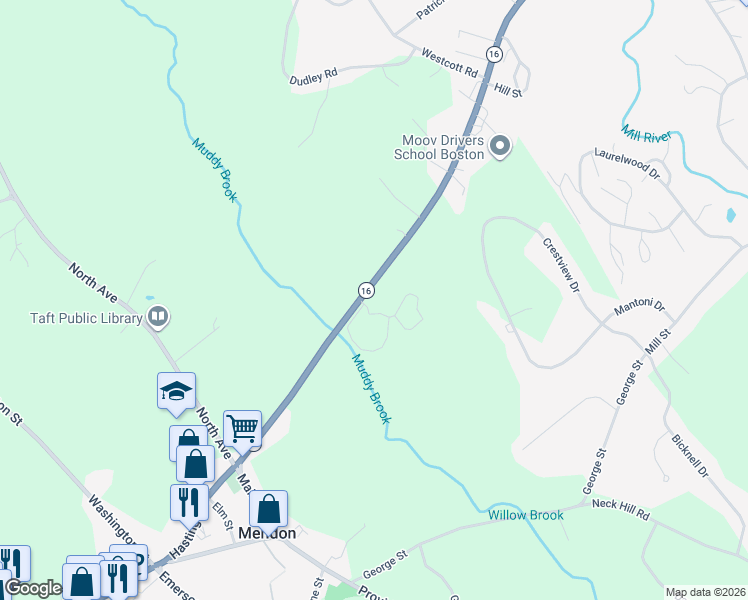 map of restaurants, bars, coffee shops, grocery stores, and more near 39 Milford Street in Mendon
