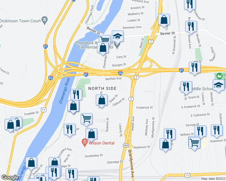 map of restaurants, bars, coffee shops, grocery stores, and more near 14 Morgan Street in Binghamton