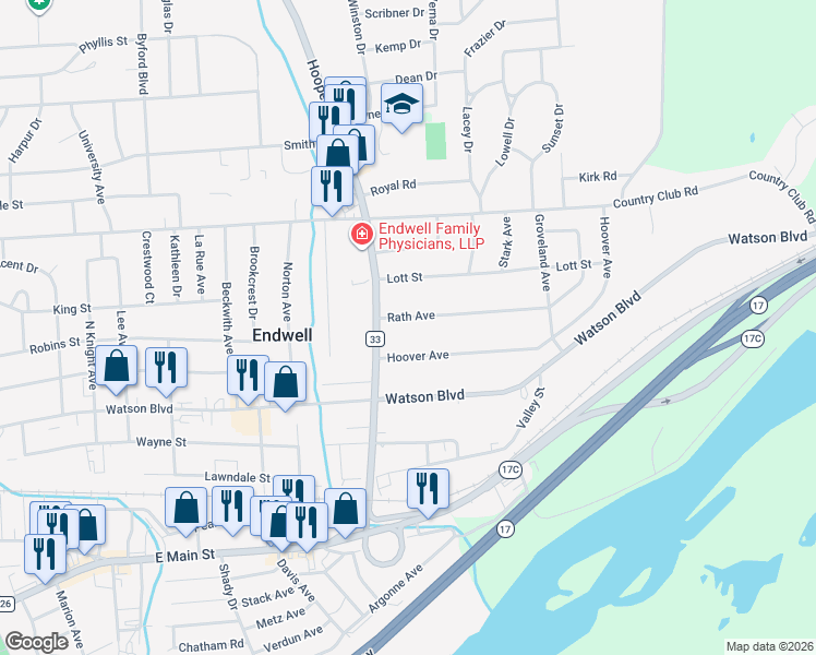 map of restaurants, bars, coffee shops, grocery stores, and more near 3613 Hoover Avenue in Endicott