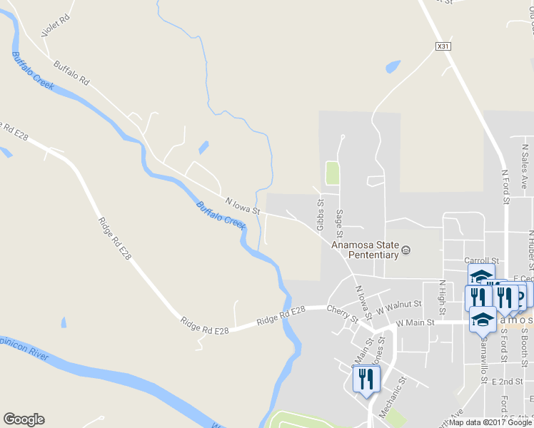 map of restaurants, bars, coffee shops, grocery stores, and more near 12412 Buffalo Rd in Anamosa