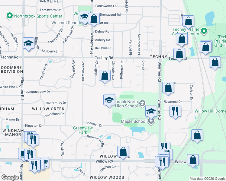 map of restaurants, bars, coffee shops, grocery stores, and more near 2255 Southbridge Lane in Northbrook