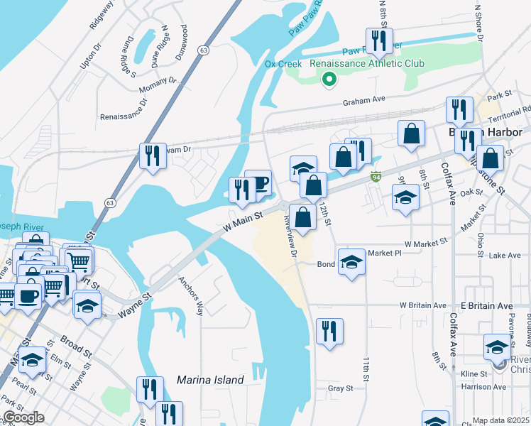 map of restaurants, bars, coffee shops, grocery stores, and more near 600 West Main Street in Benton Harbor