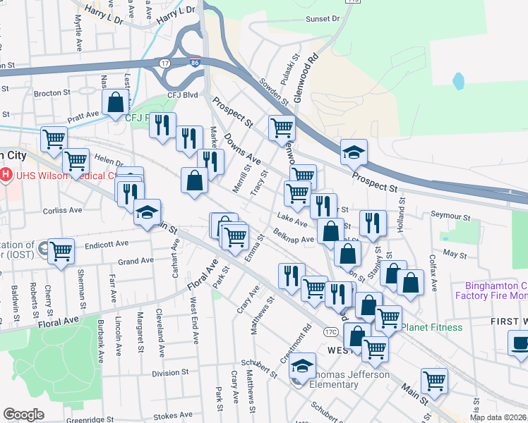 map of restaurants, bars, coffee shops, grocery stores, and more near 31 Lake Avenue in Binghamton