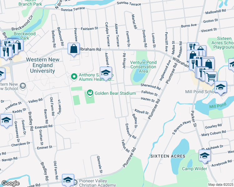 map of restaurants, bars, coffee shops, grocery stores, and more near 187 Ashland Avenue in Springfield