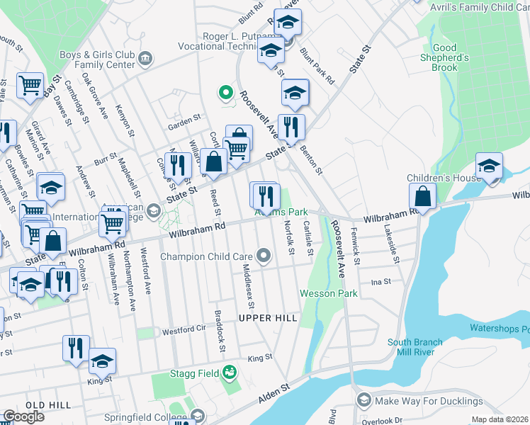 map of restaurants, bars, coffee shops, grocery stores, and more near 337-339 Wilbraham Road in Springfield