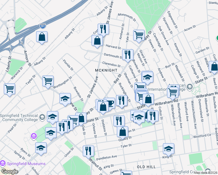 map of restaurants, bars, coffee shops, grocery stores, and more near 145 Bay Street in Springfield