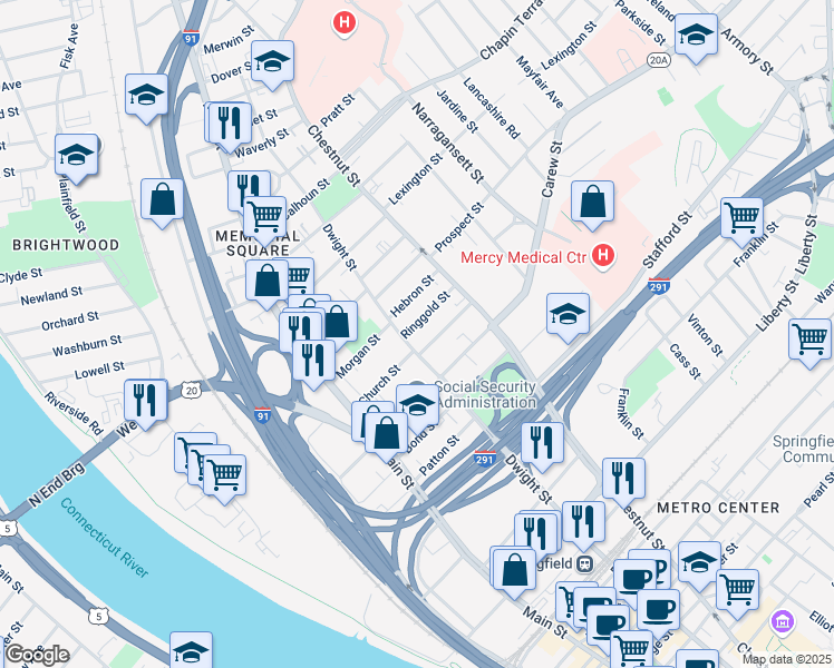 map of restaurants, bars, coffee shops, grocery stores, and more near 1071 Dwight Street in Springfield