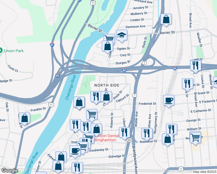 map of restaurants, bars, coffee shops, grocery stores, and more near in Binghamton