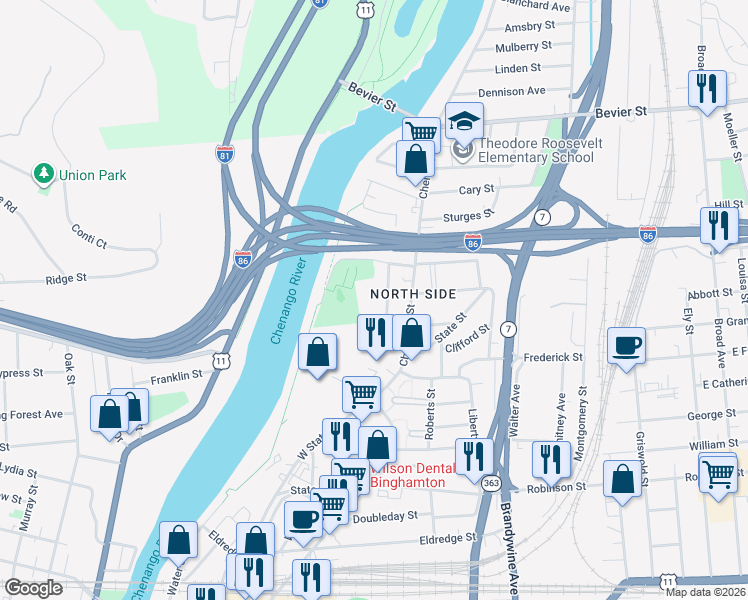 map of restaurants, bars, coffee shops, grocery stores, and more near 3 Pleasant Street in Binghamton
