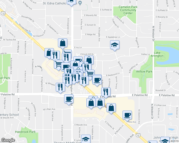 map of restaurants, bars, coffee shops, grocery stores, and more near 342 East Rand Road in Arlington Heights