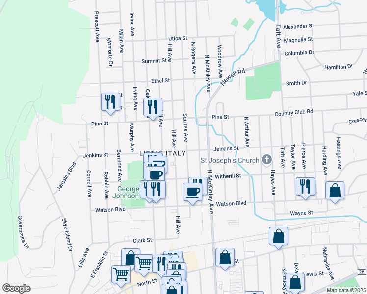 map of restaurants, bars, coffee shops, grocery stores, and more near 303 Squires Avenue in Endicott