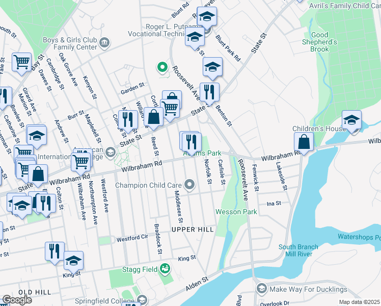 map of restaurants, bars, coffee shops, grocery stores, and more near 342 Wilbraham Road in Springfield