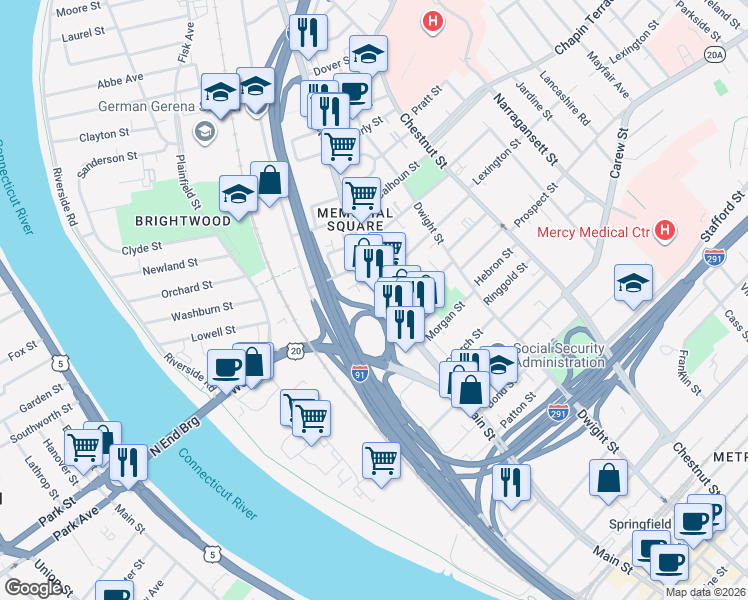 map of restaurants, bars, coffee shops, grocery stores, and more near Plainfield St in Springfield
