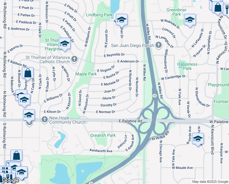 map of restaurants, bars, coffee shops, grocery stores, and more near 1445 Gloria Drive in Palatine