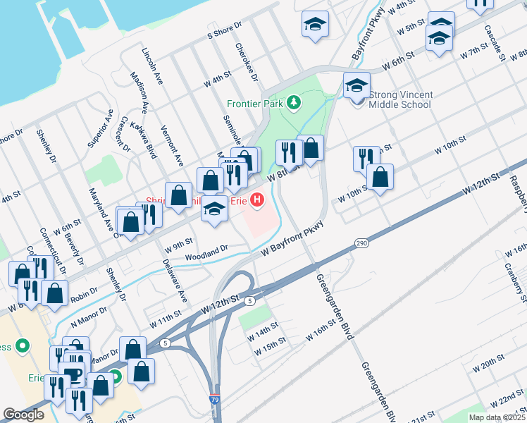 map of restaurants, bars, coffee shops, grocery stores, and more near 1645 West 8th Street in Erie