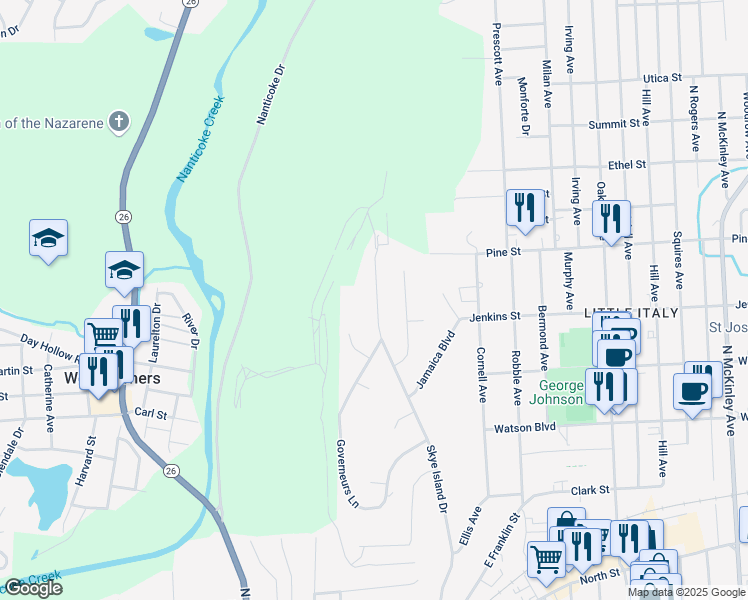 map of restaurants, bars, coffee shops, grocery stores, and more near 319 Skye Island Drive in Endicott
