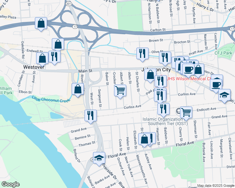 map of restaurants, bars, coffee shops, grocery stores, and more near 71 Crocker Avenue in Johnson City