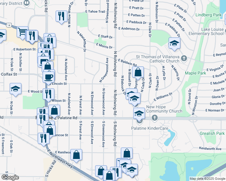 map of restaurants, bars, coffee shops, grocery stores, and more near 138 North Rohlwing Road in Palatine