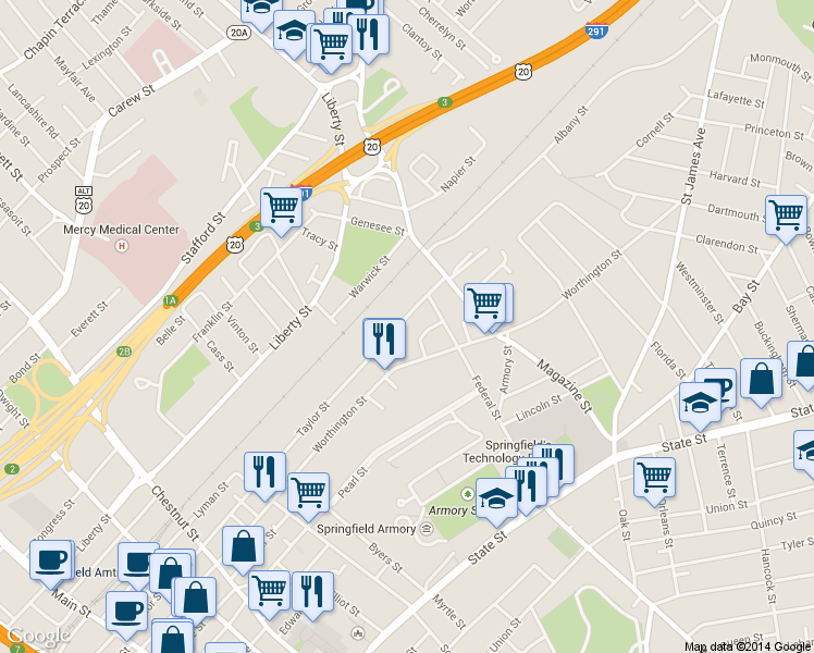 map of restaurants, bars, coffee shops, grocery stores, and more near 443 Taylor Street in Springfield