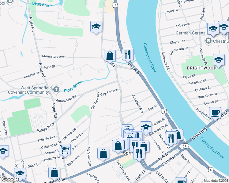 map of restaurants, bars, coffee shops, grocery stores, and more near 569 Elm Street in West Springfield