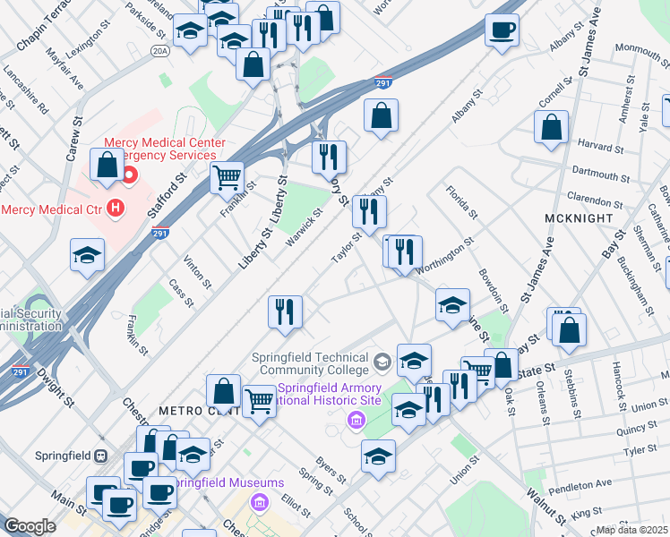 map of restaurants, bars, coffee shops, grocery stores, and more near 443 Taylor Street in Springfield
