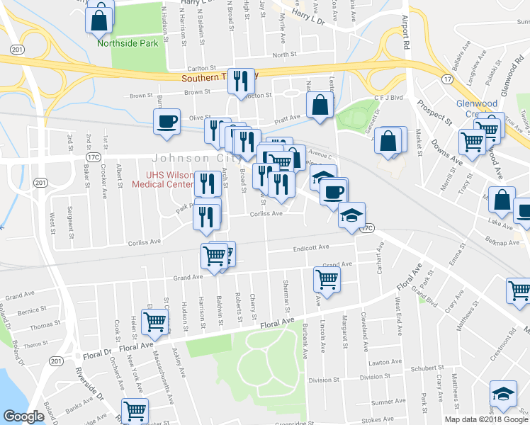 map of restaurants, bars, coffee shops, grocery stores, and more near 55 Corliss Avenue in Johnson City
