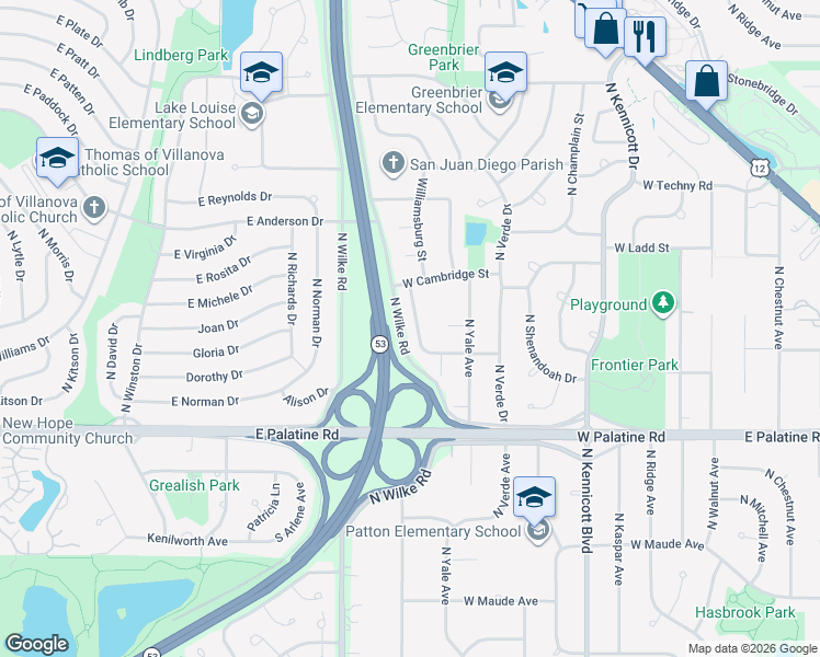map of restaurants, bars, coffee shops, grocery stores, and more near 1517 West Richmond Street in Arlington Heights