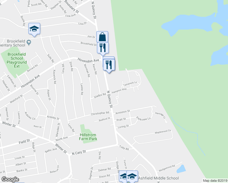 map of restaurants, bars, coffee shops, grocery stores, and more near 48 Hampton Way in Abington