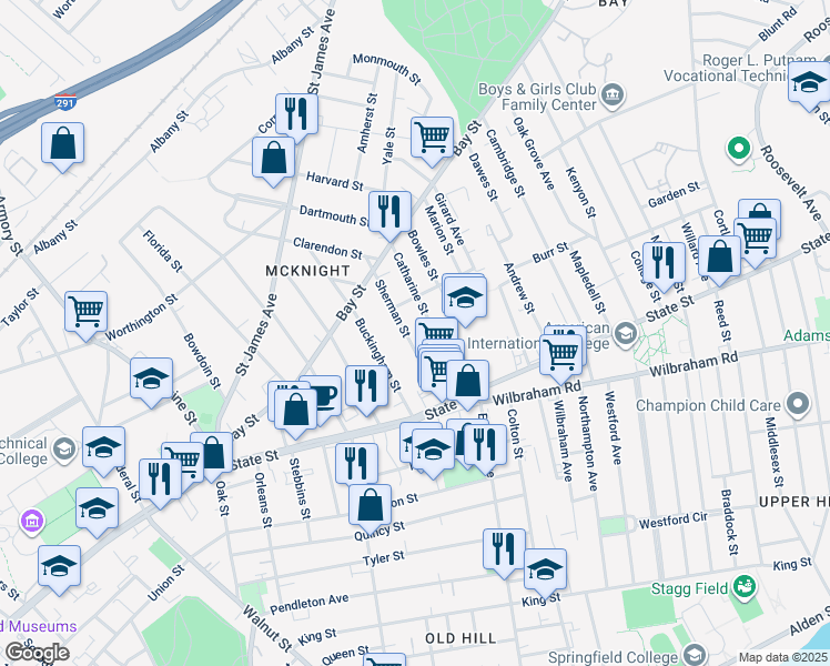 map of restaurants, bars, coffee shops, grocery stores, and more near 60 Sherman Street in Springfield