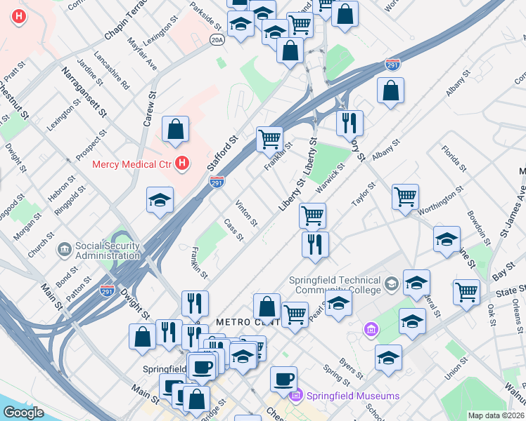 map of restaurants, bars, coffee shops, grocery stores, and more near 326 Liberty Street in Springfield