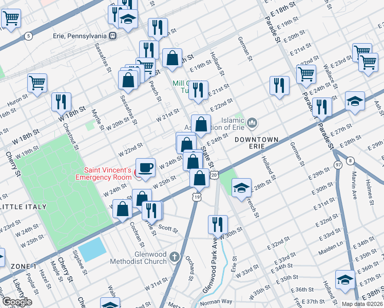 map of restaurants, bars, coffee shops, grocery stores, and more near 2418 20 Peach St in Erie