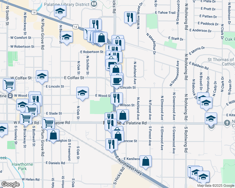 map of restaurants, bars, coffee shops, grocery stores, and more near 113 North Northwest Highway in Palatine