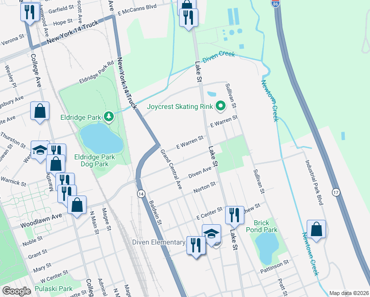 map of restaurants, bars, coffee shops, grocery stores, and more near 351 East Thurston Street in Elmira