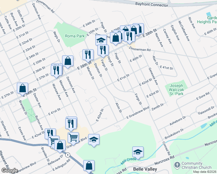 map of restaurants, bars, coffee shops, grocery stores, and more near 4127 Stanton Street in Erie