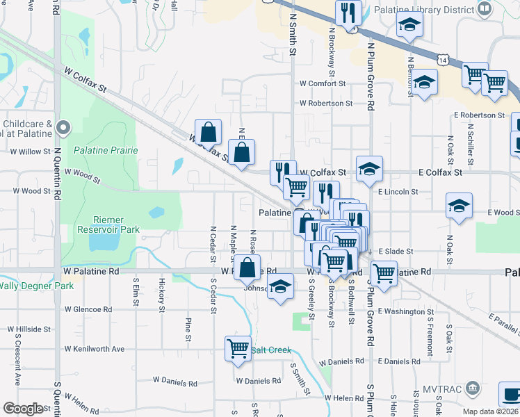 map of restaurants, bars, coffee shops, grocery stores, and more near 228 West Wilson Street in Palatine