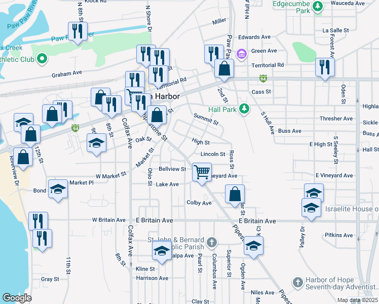 map of restaurants, bars, coffee shops, grocery stores, and more near 305 Pipestone Street in Benton Harbor