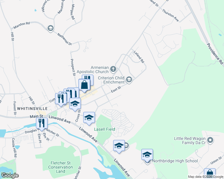 map of restaurants, bars, coffee shops, grocery stores, and more near 87 East Street in Northbridge