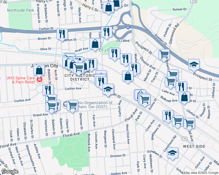 map of restaurants, bars, coffee shops, grocery stores, and more near 107 Main Street in Johnson City